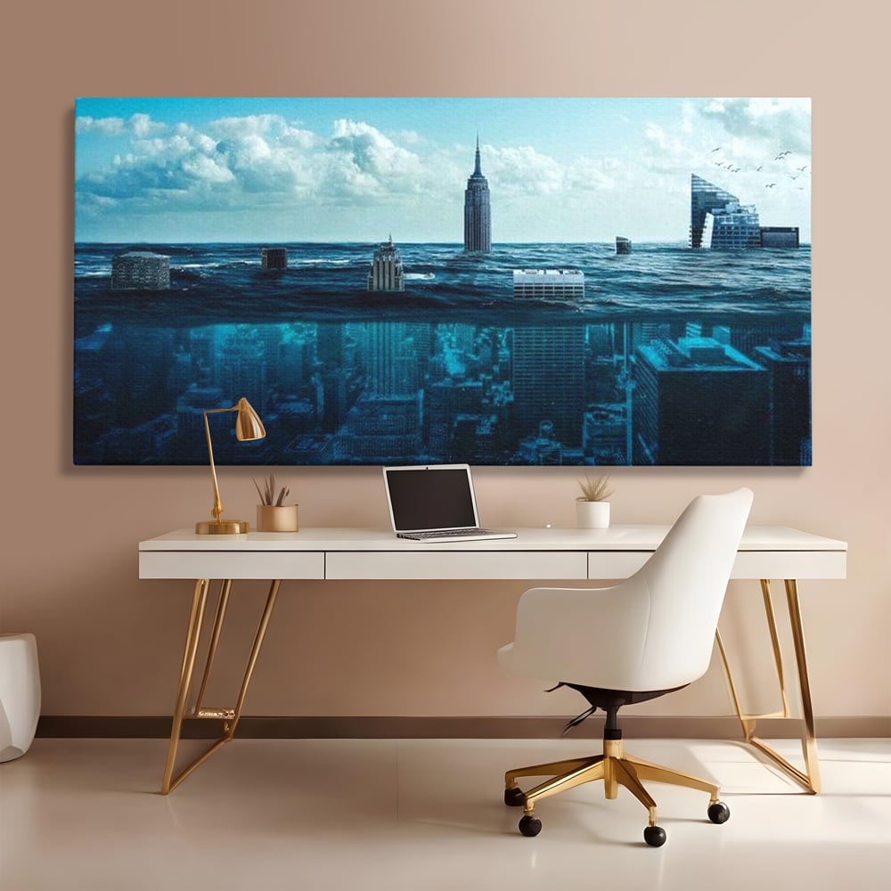 Tablou canvas cu ilustratie digitala cu oras scufundat in ocean, fara rama, pe sasiu de lemn, pe perete intr-un birou
